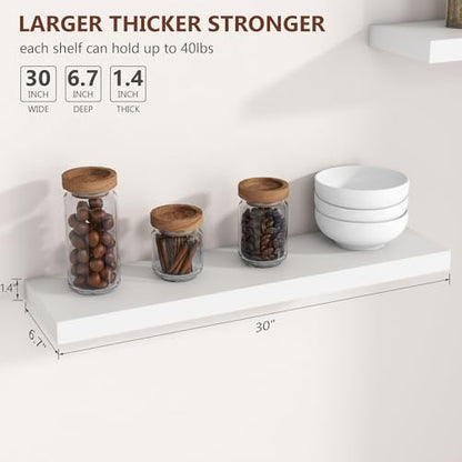 fuqing 30 Inch Floating Shelves, 6.7 Inch Deep White Wall Shelves Set of 2 | 30'' x 6.7'' x 1.4'' White Wood Shelves for Bathroom, Living Room, 40LBS, Lightweight, Hardware Included, Waterproof Finish - color: White, size: 30 Inch