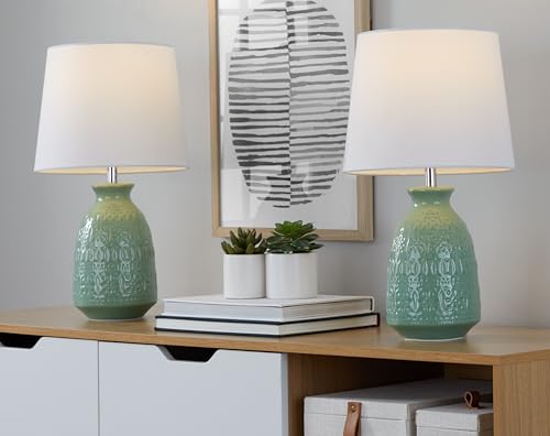 Claudia 20" Ceramic Accent Lamps Set of 2, Desk Lamp, Bedside Lamps for Night Stands, Nightstand Lamp, Small Lamp, Small Table Lamps for Living Room Set of 2, White and Green Lamps Set of 2