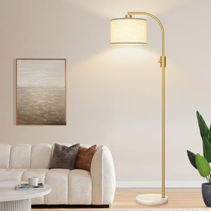Nintiue Upgraded Modern Arc Dimmable Tall Standing Floor Lamp with Marble Base & Linen Shade, 1200 Lumens LED Bulb Included, for Living & Reading Room, Bedroom, Office & Nursery, Gold - color: Marble base & Gold