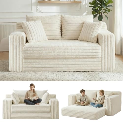 3-in-1 Convertible Sofa Bed: Boneless Loveseat Sleeper & Folding Couch Bed with 4 Pillows & Detachable Cushion,Furry Futon Couch for Bedroom,Apartment,Office and Living Room, No Assembly,Beige - color: D-beige, size: Loveseat Sofa