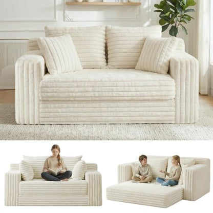 3-in-1 Convertible Sofa Bed: Boneless Loveseat Sleeper & Folding Couch Bed with 4 Pillows & Detachable Cushion,Furry Futon Couch for Bedroom,Apartment,Office and Living Room, No Assembly,Beige - color: D-beige, size: Loveseat Sofa