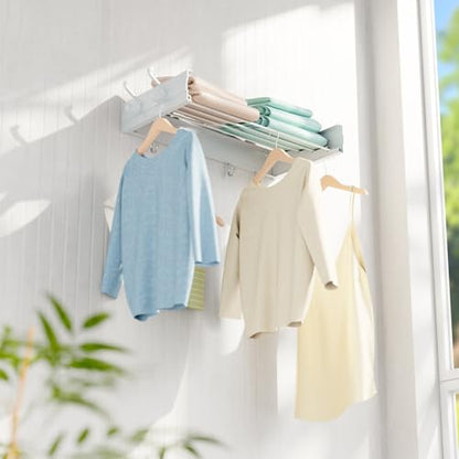 BAKON Wall Mounted Foldable Clothes Drying Rack - Indoor Outdoor Laundry Drying Rack with 4 Hooks & 4 Poles, Space Saving Concealed Design for Storage (23.6"【Upgrade】) - size: 23.6'' with 4 Hooks