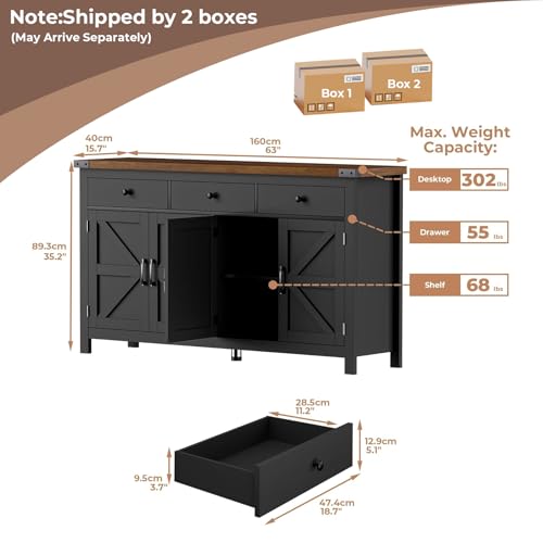 VVFLU 63" Sideboard Buffet Cabinet with Storage, Coffee Bar with 3 Drawers and 4 Barn Doors, Long Wider Storage Cabinet Modern Farmhouse, for Kitchen, Dining Room, Living Room, Black Wood - color: Black/Wood, size: 15.7"D x 63"W x 35.2"H