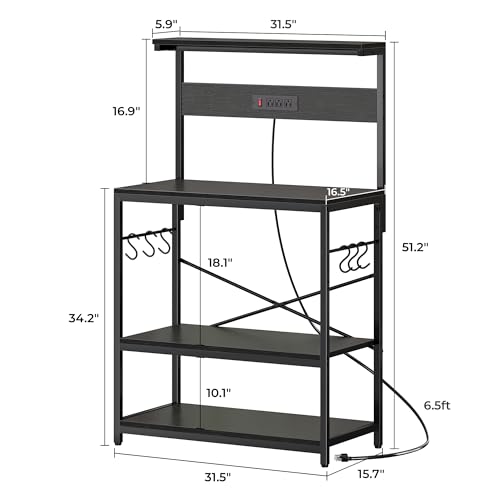 SUPERJARE Bakers Rack with Power Outlets, Microwave Stand, 31.5 X 16.5 Inch Larger Desktop, Kitchen Storage Rack with Adjustable Middle Shelf, 6 S-Shaped Hooks, Coffee Bar Stand, Black - color: Black, size: 31.5 inch