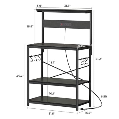 SUPERJARE Bakers Rack with Power Outlets, Microwave Stand, 31.5 X 16.5 Inch Larger Desktop, Kitchen Storage Rack with Adjustable Middle Shelf, 6 S-Shaped Hooks, Coffee Bar Stand, Black - color: Black, size: 31.5 inch