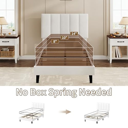Garvee Twin Size Bed Frame with Upholstered Headboard for Kids, White | Fully Velvet Upholstered Mattress Foundation with Height Adjustable Headboard, No Box Spring Needed, Easy Assembly - color: White, size: Twin