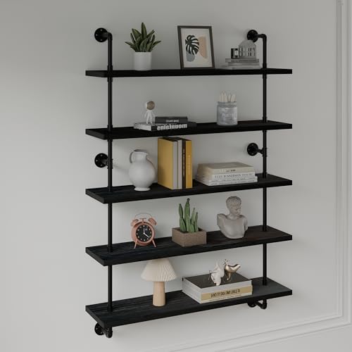 HDDFER Floating Shelves for Wall Living Room Shelves Bookshelf Industrial Pipe Shelving Shelf Real Wood Planks 36 inch Rustic Wall Shelves Hanging Bookshelves Farmhouse Kitchen Bar Shelving - color: Black, size: 5Tier36in