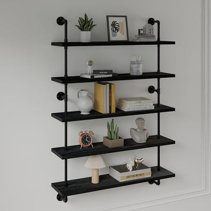 HDDFER Floating Shelves for Wall Living Room Shelves Bookshelf Industrial Pipe Shelving Shelf Real Wood Planks 36 inch Rustic Wall Shelves Hanging Bookshelves Farmhouse Kitchen Bar Shelving - color: Black, size: 5Tier36in