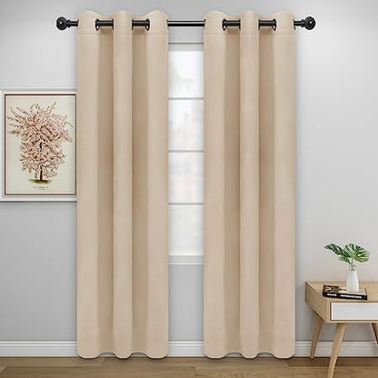 Easy-Going Blackout Curtains for Bedroom, Solid Thermal Insulated Grommet and Noise Reduction Window Drapes, Room Darkening Curtains for Living Room, 2 Panels (34x72 in, Beige) | Washable Grommet Top Window Drapes for Bedroom and Living Room, Noise Reduct