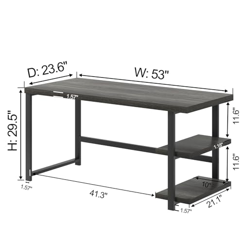 Home Office Desk, Modern Computer Desk with Storage Shelf, Wood Study Writing Gaming Table for Bedroom Living Room, Industrial Dark Gray, 53 Inch - color: Dark Gray, size: 53 inch