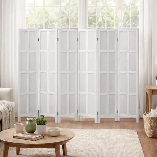 6 Panel Wood Room Divider and Folding Privacy Screen 67″, White | Solid Paulownia Wood Room Partition with 360° Hinges, Freestanding Wall Divider for Room Separation, Home, Bedroom, Office - color: 6 Panels White, size: 6 Panels