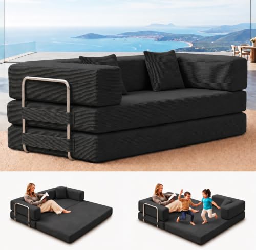 GEARIVY Folding Sofa Bed Convertable Corduroy Couch King Size Floor Sleeper 4-in-1 DIY Combination Modular Sofa Fold Out Futon Lounge Comfy Foldable Lazy cama for Living Room (Black, 80.3 inch Sofa) - color: Black, size: 80.3 inch sofa