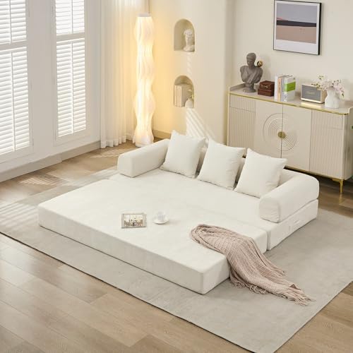 Convertible Folding Sofa Bed Modular Floor Couch, 78.8‘’ Cloud Sleeper Sofa with Removable Backrest, Chenille Foldable Mattress Couch, Lazy Loveseat for Small Space, Apartment, Bedroom, Beige - color: #3-beige