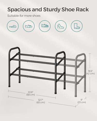 SONGMICS Expandable Shoe Rack, 2 Tier Shoe Rack Shelf, Adjustable Shoe Organizer Storage for 15 Pairs of Shoes, Metal Free Standing Shoe Racks for Closet, Front Door Entryway, Easy Assembly, Ink Black - size: 2 Tier (16.5"H)