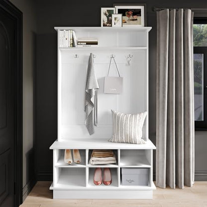 Entryway Hall Tree with Bench and 6 Storage Cubbies, White - color: White