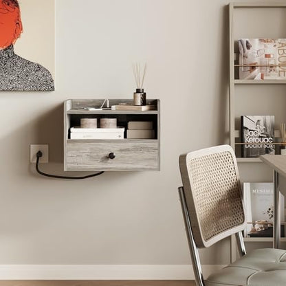 Floating Nightstand Set of 2 Modern Night Stands with Drawer and Open Shelf | Cubby Small Bedside End Table with Charging Station Wall Mounted Nightstands Set 2 for Bedroom Grey - color: Grey