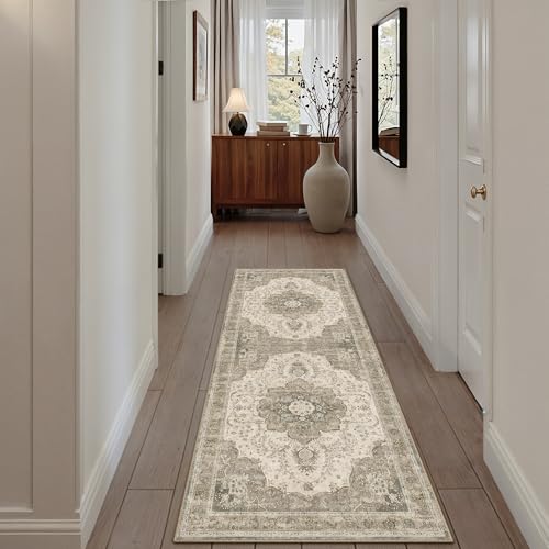 2x6 Washable Runner Rug Brown Non Slip Distressed Carpet | Low Pile,Lightweight,Stain Resistant,Durable,Hallway,Kitchen,Bathroom,Front Door,Beside Bed - color: B Brown, size: 2' x 6' (Runner)