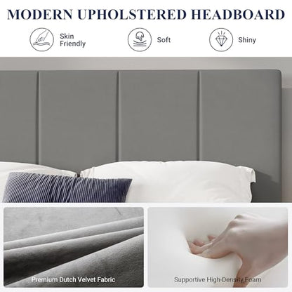 Allewie Queen Size Dutch Velvet Upholstered Platform Bed Frame/Vertical Channel Tufted Adjustable Headboard/Low Profile Bed Frame/No Box Spring Needed/Easy Assembly/Grey - color: Grey, size: Queen