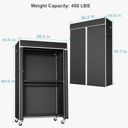 Clothing Rack with Cover, P1C Rolling Closets with Wheels | Metal Garment Rack for Hanging Clothes, Clothing Storage Wardrobe with Cover - color: Black Rack With Black Cover