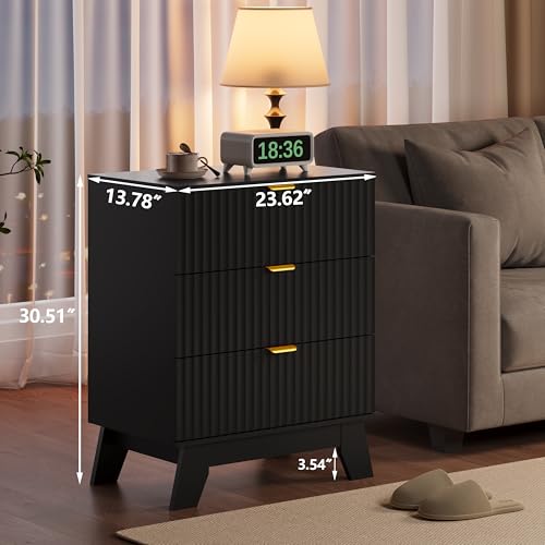 Fluted Nightstand with 3 Large Drawers, Wooden Side End Table with Elevated Legs for Easy Cleaning, Sturdy Modern Beside Table for Small Space, Bedroom, Black, 24" L - color: Black
