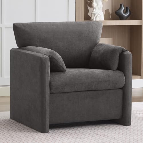 Oversized Accent Chair for Living Room, Large Modern Armchair with Deep Seat, Mid-Century Comfy Reading Chair with Padded Arms, Chenille Single Sofa Chairs for Bedroom, Dark Grey, Regular, 1PC - color: Dark Grey, size: Regular