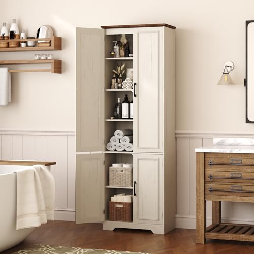 Function Home 182.9cm(72인치) 주방 식료품 저장실 캐비닛, 문과 조절 가능한 선반이 있는 톨 우드 팜하우스 보관 캐비닛, 주방 다이닝 거실 욕실용 6단 독립형 찬장, 앤티크 화이트 - color: 앤티크 화이트, size: 24"Wx11.81"Dx72"H