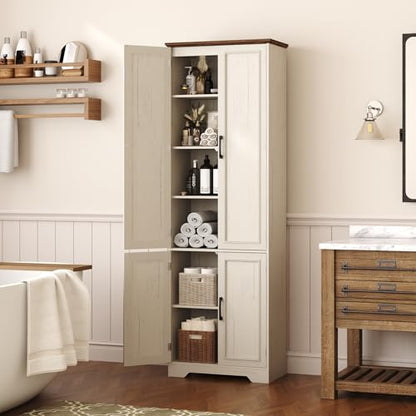 Function Home 182.9cm(72인치) 주방 식료품 저장실 캐비닛, 문과 조절 가능한 선반이 있는 톨 우드 팜하우스 보관 캐비닛, 주방 다이닝 거실 욕실용 6단 독립형 찬장, 앤티크 화이트 - color: 앤티크 화이트, size: 24"Wx11.81"Dx72"H