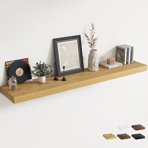 Marsmiles 보이지 않는 브래킷이 있는 벽용 30.5cm(12인치) 딥 플로팅 선반, 거실, 침실, 주방 장식 및 보관을 위한 나뭇결이 있는 벽걸이 엔지니어링 목재 선반, 182.9cm(72인치) 길이 1개 세트, 오크 - color: 천연 오크 마감, size: 72Wx12Dx2H, 1P