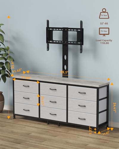 TV Stand with Mount for 32/55/65/75/85 inch TVs, Entertainment Center with 9 Fabric Drawers Dresser Storage, Height Adjustable Media Console - color: Greige