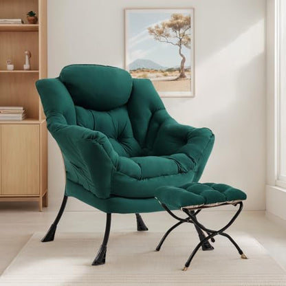 Lazy Chair with Ottoman, Soft Comfy Chair for Bedroom, Green | Reading Accent Lounge Chair with folding Foot Stool for Living Room Dorm Apartment, sturdy metal frame - color: Dark Green