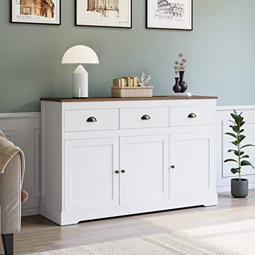 White Buffet Cabinet Storage Sideboard Farmhouse Server Bar Wine Cabinet with 3 Drawers & 3 Doors Adjustable Shelves Console Table for Dining Living Room Kitchen Cupboard - size: 15.6"D x 53.5"W x 34.1"H