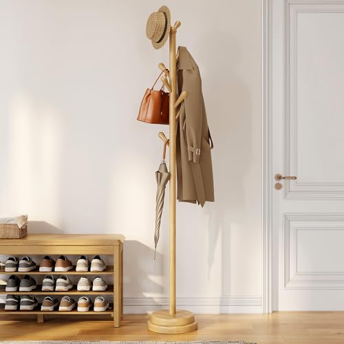 STARSAGA Solid Wood Coat Rack Freestanding Coat Tree with 8 Hooks | Adjustable Height Heavy Duty Coat Rack with Rounded Hooks & Dual-Layer Base, Holds Coats Hats Bags for Entryway, Bedroom - color: Natural