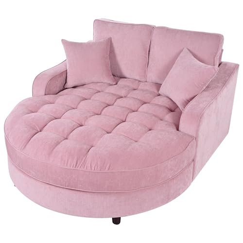 55" Modern 2-Seater Chaise Lounge Sofa Bed - Chenille Upholstered Loveseat Couch with Tufted Seat & Detachable Pillows, Space-Saving Sleeper Sofa (Pink) - color: Pink