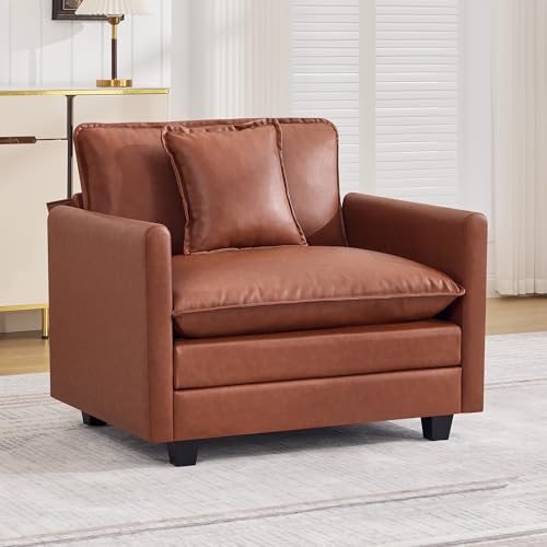WUTUTUEE 41'' Modern Leather Oversized Chair, Upholstered Accent Living Room Chair with Extra Thicked Deep Seat, Single Lounge Chair for Bedroom, Small Apartment, Leather Brown - color: Pu-dark Brown, size: 41'' Single Seat
