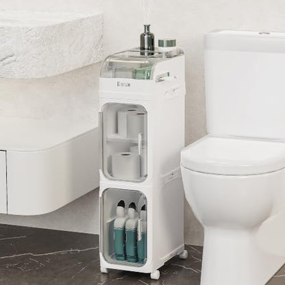 BINSIO 3-Tier Slim Bathroom Storage Cabinet, Rolling Toilet Paper Storage Cabinet with Clear Doors, Narrow Toilet Side Organizer for Small Bathrooms, Rolls, Wipes, Cleaners and Bathroom Essentials - size: 3 Tiers