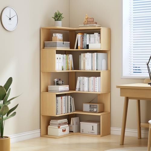 IOTXY 6-Tier L-Shaped Corner Bookshelf - 66" Tall Wooden Freestanding Bookcase with Open Shelf Units, Oak - color: Oak