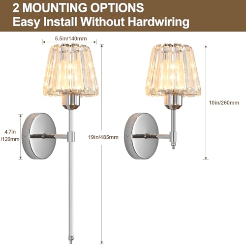 Battery Operated Crystal Wall Sconce Set of 2, Chrome Rechargeable Wireless Wall Sconces with Remote Dimmable 12 Colors Modes Led Wall Lights for Bedroom Living Room Hallway, 2 Bulbs Included - color: Chrome