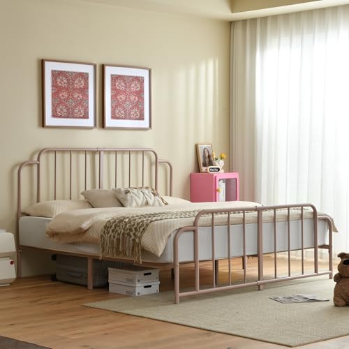 PINJU Metal Platform Bed Frame with Headboard and Footboard, Classic Style, Sturdy Metal Slats, No Box Spring Needed, Easy Installation (Pink, King) - color: Pink, size: King