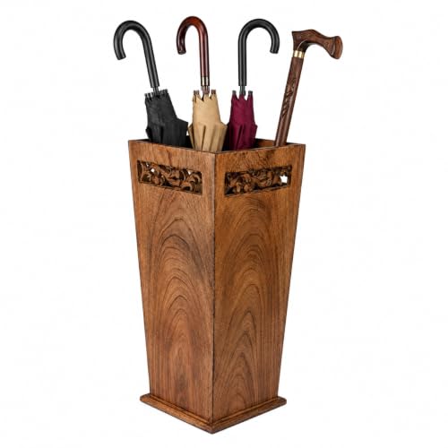 Antique Wooden Umbrella Stand & Walking Cane Holder for Home, Office & Entryway | Hand-Carved Solid Wood Umbrella & Cane Storage Rack | Size 21.5 x 8 x 8 in, Base 7.5 x 7.5 inches (Solid)