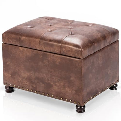 Leather Storage Ottoman, 24" Rectangle Tufted Square Upholstered Bench, Foot Rest Stool with Wood Legs, Footstool for Living Room Bedroom, Coffee - color: Coffee