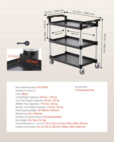 VEVOR Utility Cart, 330 lbs Load Capacity, 3-Tier Utility Plastic Cart with 360° Swivel Wheels (2 with Brakes), 31.1 x 19.3-inch Food Service Cart for Warehouse, Office, Home, Restaurant, Kitchen - style: 3 Tier-330LBS