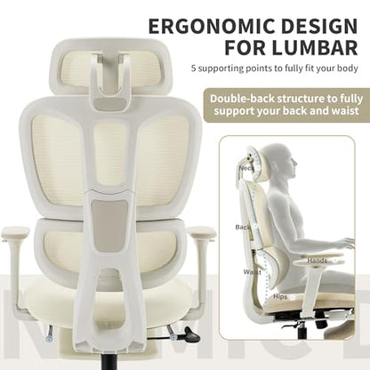 Ergonomic Office Chair with Footrest, 90-135° Reclining High Back Desk Chair with Lumbar Support, 2D Headrest, 2D Armrests, Computer Chair for Long Hours, Cream - color: Beige