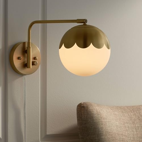 Camila Brass Glass Globe Plug-In Swingarm Wall Lamps Set of 2 Light Fixture | Modern Swing Arm Antique Metal Round Shade for Bedroom Bedside House Reading Living Room Home Hallway Dining - color: Brass - Set of Two
