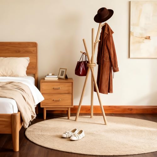 VICITON Wooden Coat Rack, Tripod Coat Tree Freestanding with 3 Hooks for Clothes, Hats and Handbags, Coat Hanger Stand for Bedroom, Living Room, Entryway (Light) - color: Light