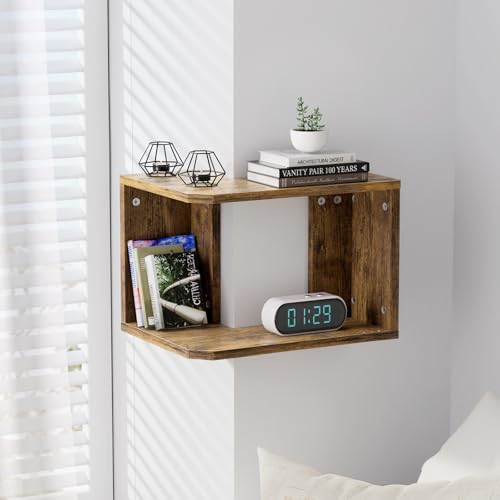 Floating Corner Shelf, 2-Tier Floating Shelf for Wall, Wood Floating Book Shelf for Living Room, Bedroom, Bathroom, Home Office, Rustic Brown - size: 2-Tier