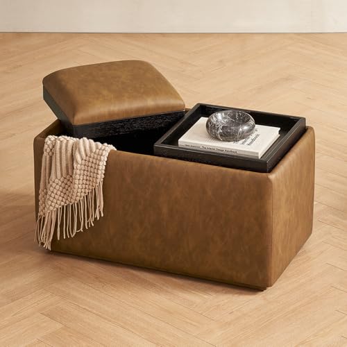 mopio Levi Storage Bench with Reversible Tray, Modern Storage Coffee Table, Bedroom Bench, Rectangular Cube Upholstered Coffee Table Ottoman for Living Room, Bedroom (Faux Leather, Pecan Brown) - color: Brown Pu Leather, Rect.