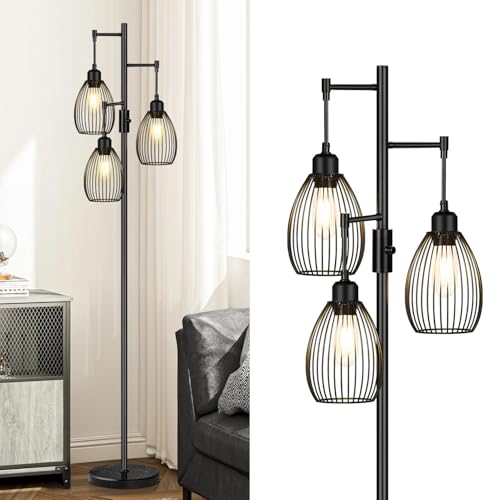 Torondo 70" Dimmable Floor Lamp with Marble Base, 3 x 800LM LED Edison Bulbs Included, Industrial Black Floor Lamps for Living Room, Rustic Tall Lamps Standing Lamp for Bedrooms Living Room - color: Black-Marble Base-70 inches