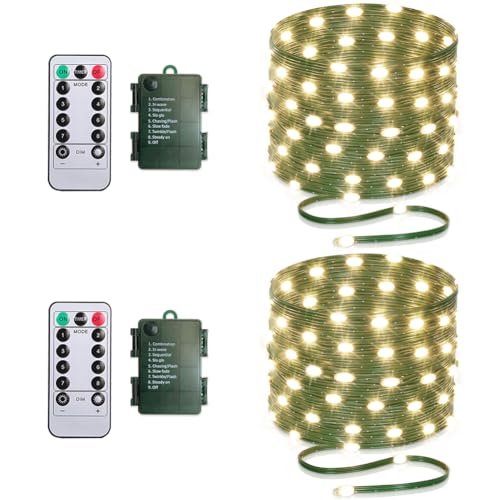 Battery Operated String Lights (2 Pack), 16.5ft 50 LED Fairy String Lights Battery Powered with Remote & Timer for Indoor Outdoor Christmas Trees Wreath Decoration Bedroom Patio - Warm White - color: Green Wire - Warm White