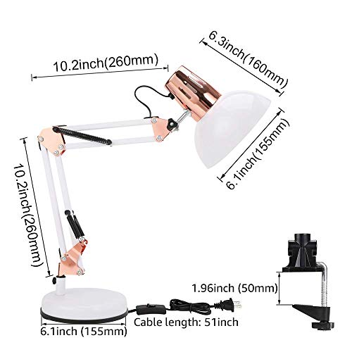 PowerKing Metal Swing Arm Desk Lamps with Base & Clamp, White Rose Gold | Adjustable Architect Lamp, On Off Switch, Fits E26 E27 Bulbs, Eye-Caring Reading Light, for Home Office Work Study - color: White Rose Gold