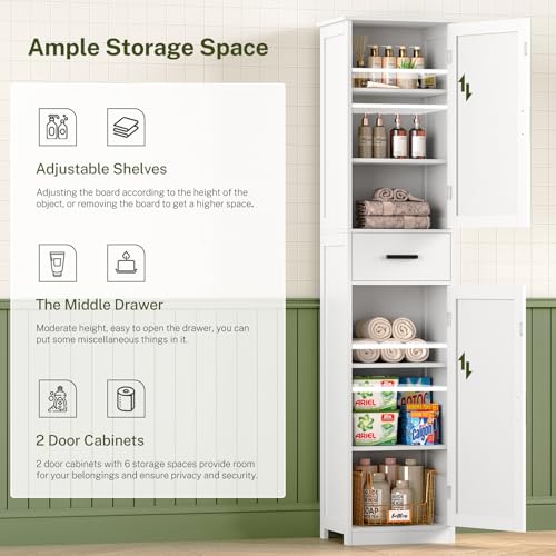 WEENFON Tall Bathroom Cabinet, Storage Cabinet with 6 Shelves & Drawer, Bathroom Storage Cabinet with Adjustable Shelves, Tall Cabinet for Living Room, Home Office, White - color: White